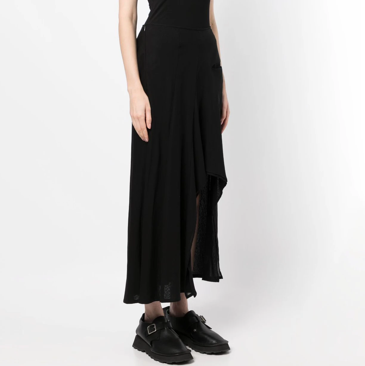 Ladies Summer Solid Straight Pull On Style Skirt Basic Soft Cotton High Waist Asymmetrical Midi Black Skirt