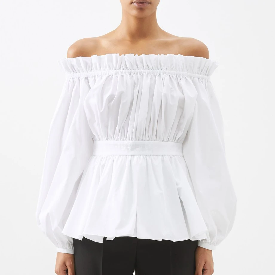 Fashion Ladies Long Lantern Sleeves Casual Blouses Classic Soft Cotton Ivory Ruffled Off The Shoulder Tops 2023