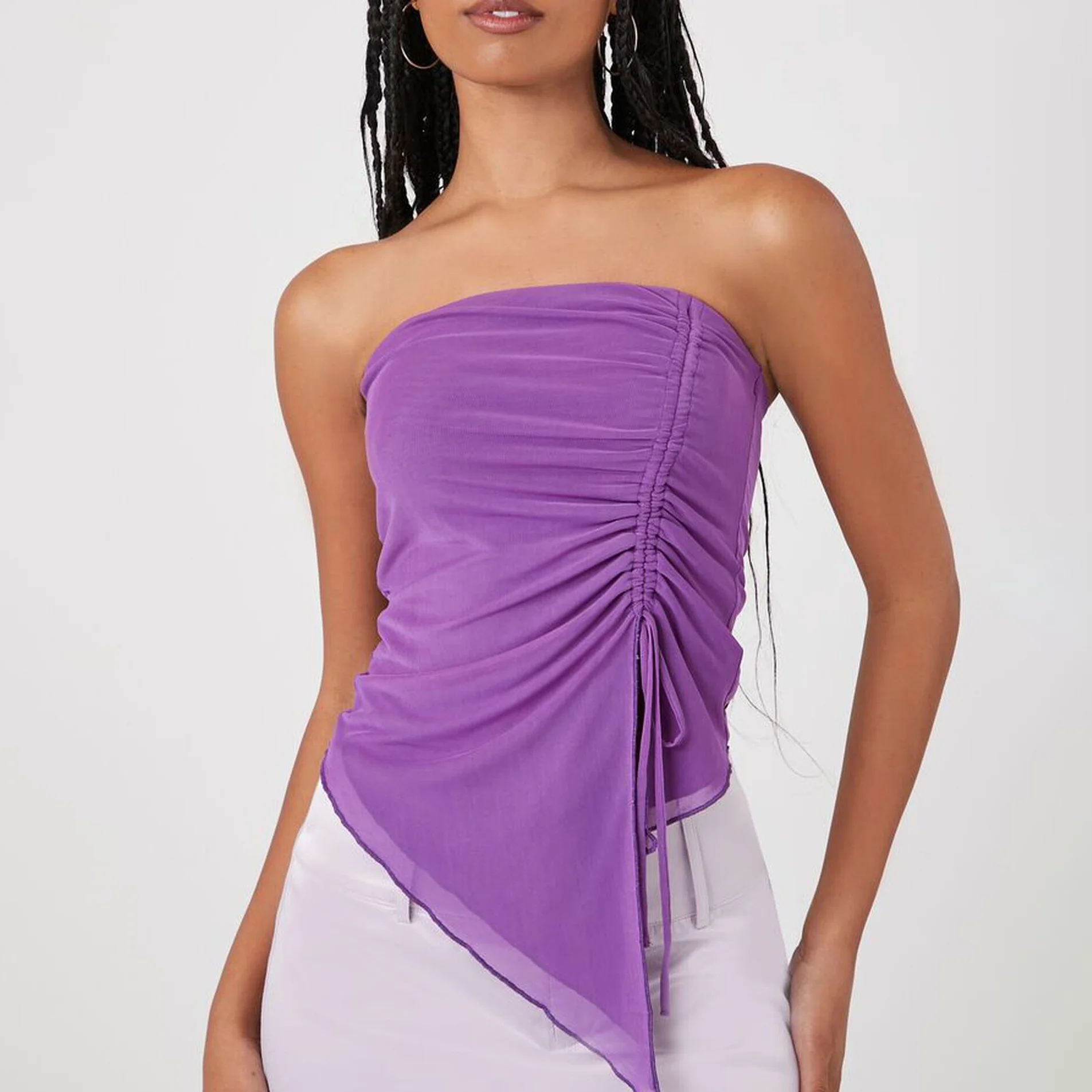 Women's Summer Strapless Tube Top Asymmetrical Drawstring Bandeau Ruched Elastic Bodycon Casual Sexy Tops For Ladies