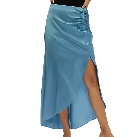 Hot Sale Women Sexy Fitted Elegant Asymmetric Midi Skirt Classic Casual Solid Blue Ruched Soft Silky Skirt Female Clothes