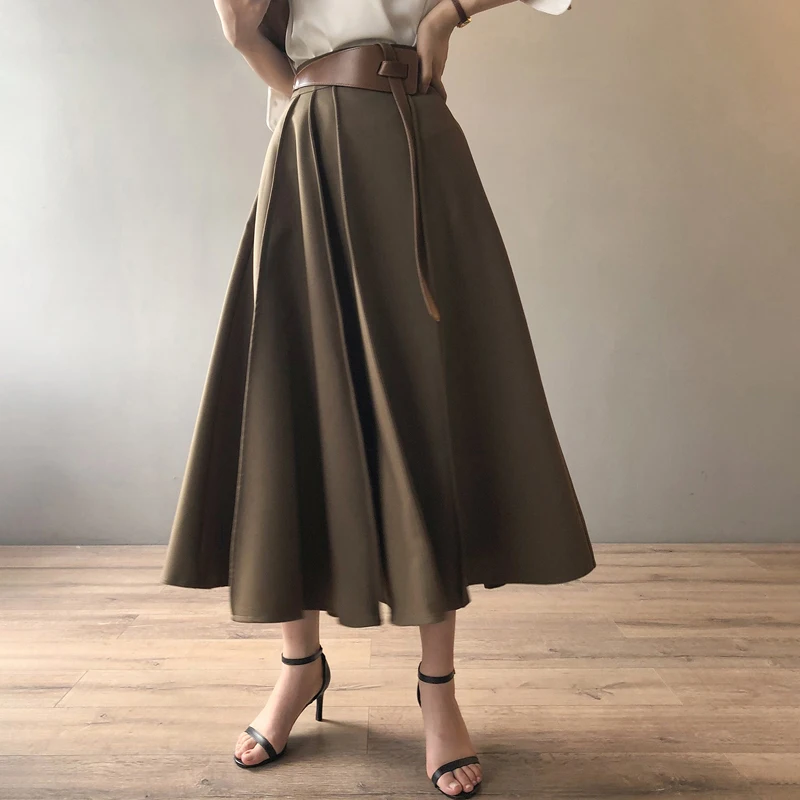 Autumn Fashion Stylish Women Solid Brown A-Line Casual Midi Skirt Office Wear Classic High Waist Long Cozy Pleated Skirt