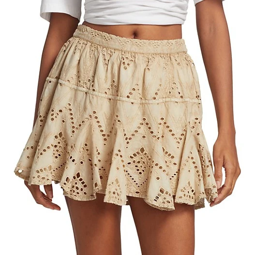 Summer Soft Charming Casual Elegant Retro Bohemian Asymmetric Eyelet Cotton And Linen Skirt Mini Skirt